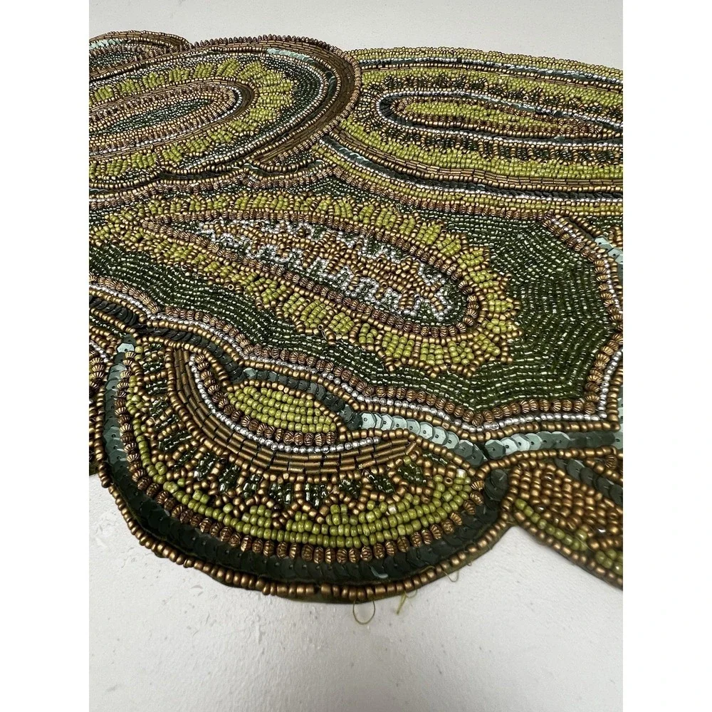 Pier 1 Imports Glass Beaded Paisley Table Runner 13x34 Green Gold India